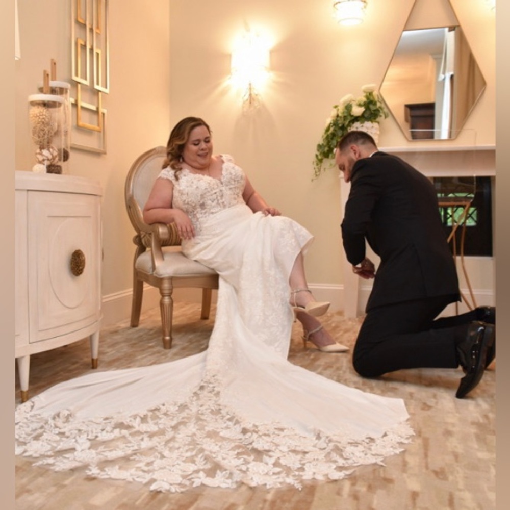 Evie by Morilee - Sheathe crêpe wedding gown with beautiful lace!